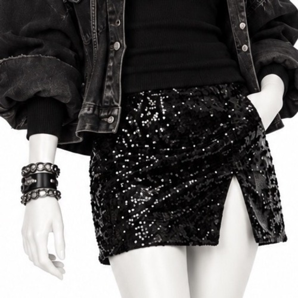 LULUS Black Sequin Slit Front Mini Skirt Holiday Party NYE Club Date Night | S